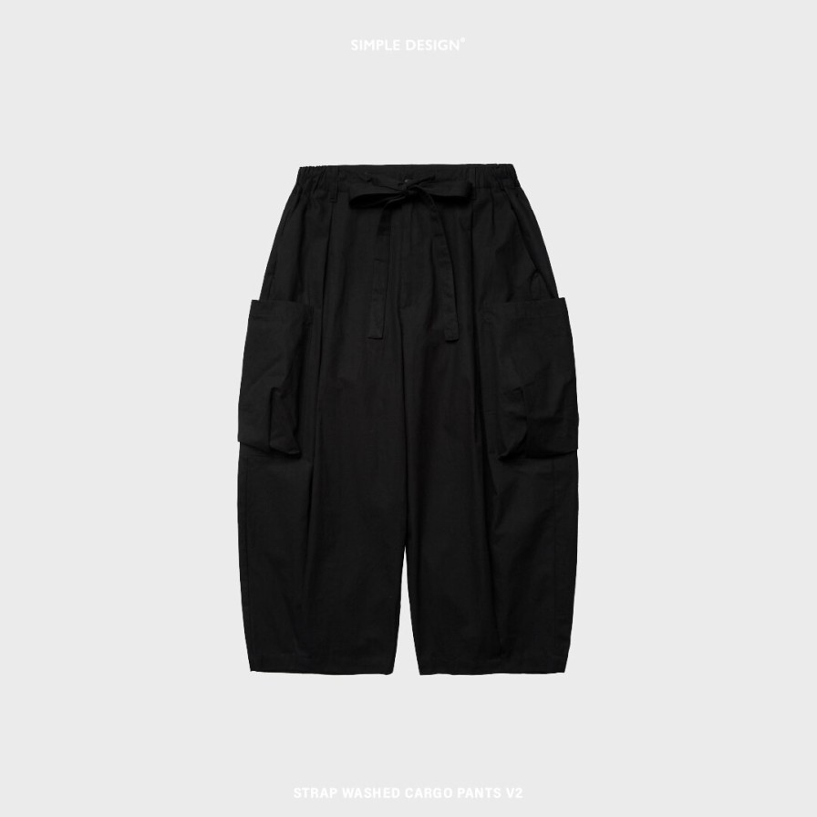 Bottoms 432HZ | Simple Design - Strap Washed Cargo Pants V2 - Black