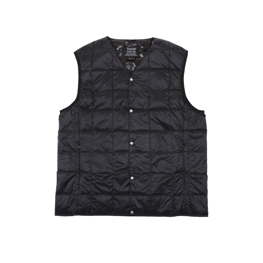 Tops 432HZ | Taion V-Neck Button Inner Down Vest Taion-001 Black