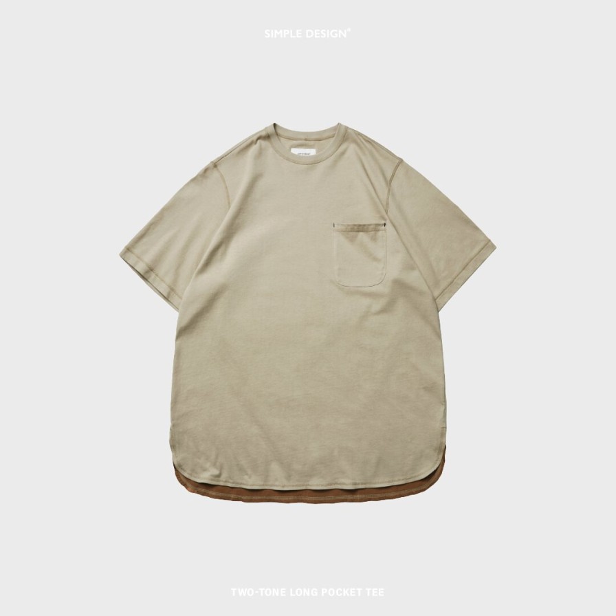 Tops 432HZ | Simple Design - Two-Tone Long Pocket Tee - Khaki