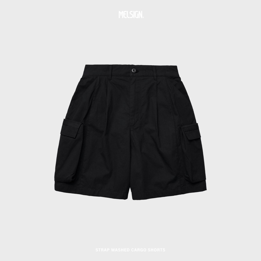 Bottoms 432HZ | Melsign - Strap Washed Cargo Shorts - Black