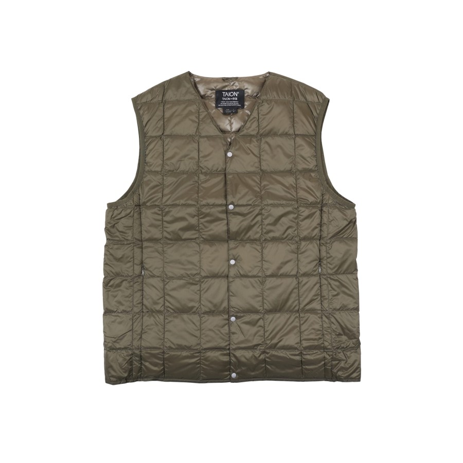 Tops 432HZ | Taion V-Neck Button Inner Down Vest Taion-001 D. Olive