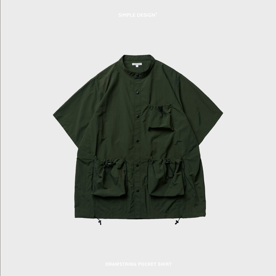 Tops 432HZ | Simple Design - Drawstring Pocket Shirt - Olive