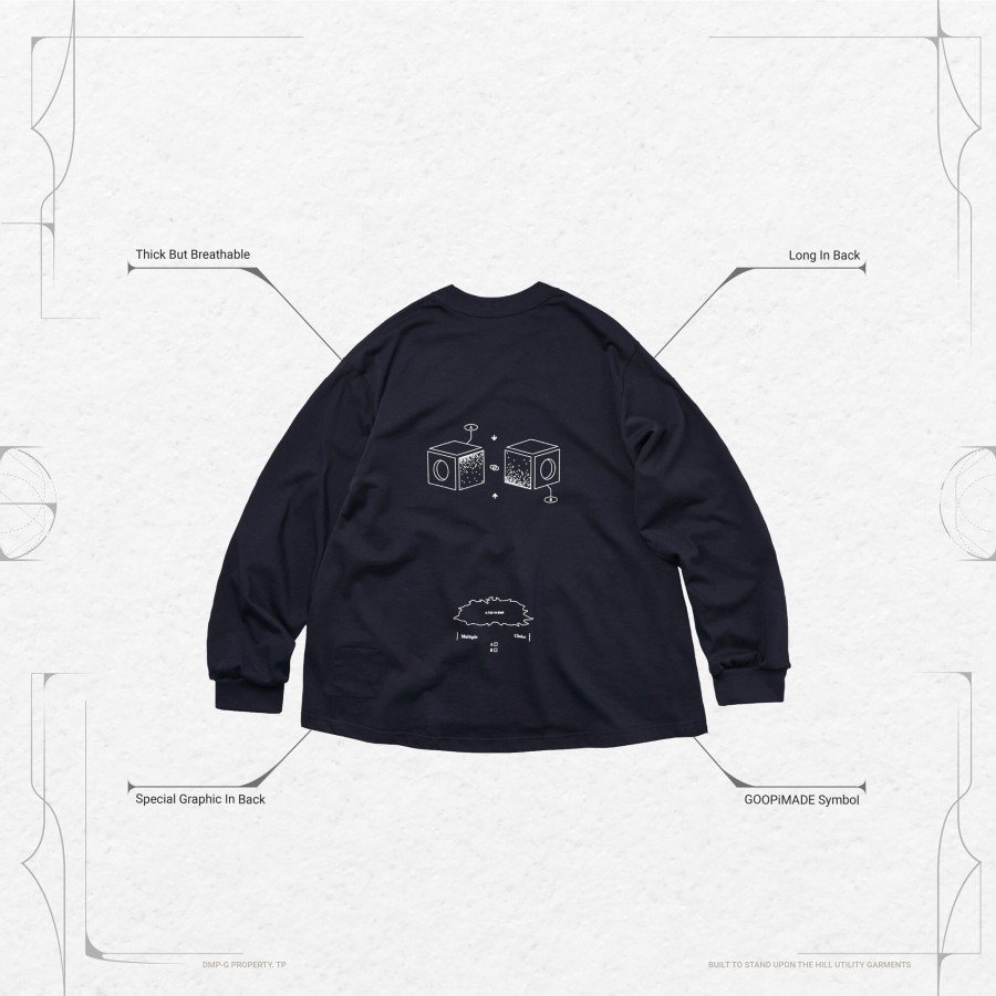 Tops 432HZ | Goopimade Vi-G01T - "Check Box" L/S Graphic Tee - Navy